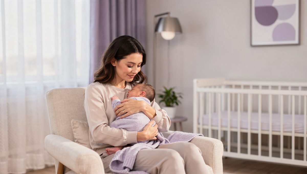 Une maman qui berce son bébé endormi dans une chambre douce